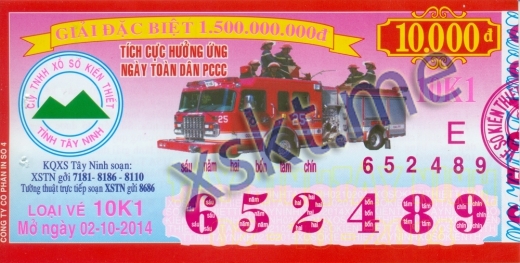 Mẫu vé sô xổ số Tây Ninh ngày 2/10/2014
