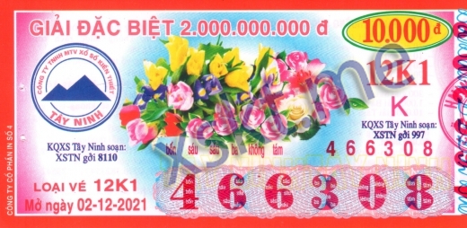 Mẫu vé sô xổ số Tây Ninh ngày 2/12/2021