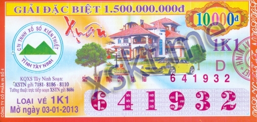 Mẫu vé sô xổ số Tây Ninh ngày 3/1/2013