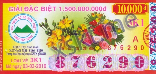 Mẫu vé sô xổ số Tây Ninh ngày 3/3/2016