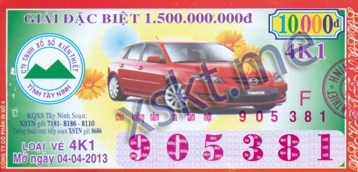 Mẫu vé sô xổ số Tây Ninh ngày 4/4/2013