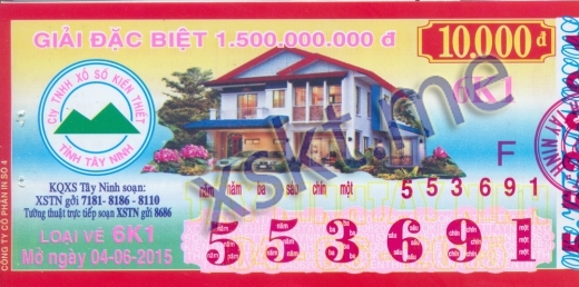 Mẫu vé sô xổ số Tây Ninh ngày 4/6/2015