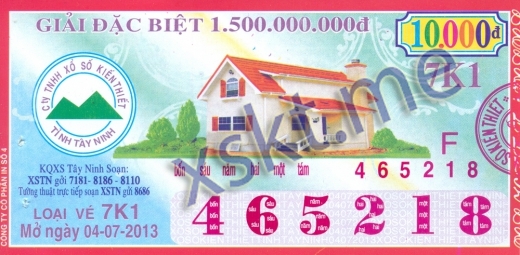 Mẫu vé sô xổ số Tây Ninh ngày 4/7/2013