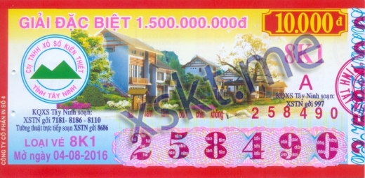Mẫu vé sô xổ số Tây Ninh ngày 4/8/2016