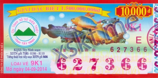 Mẫu vé sô xổ số Tây Ninh ngày 4/9/2014