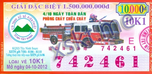 Mẫu vé sô xổ số Tây Ninh ngày 4/10/2012