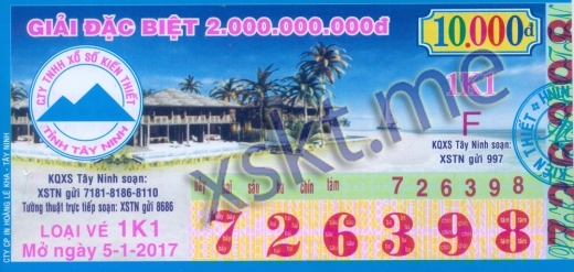 Mẫu vé sô xổ số Tây Ninh ngày 5/1/2017