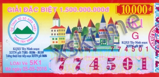 Mẫu vé sô xổ số Tây Ninh ngày 5/5/2016