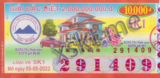 Mẫu vé sô xổ số Tây Ninh ngày 5/5/2022