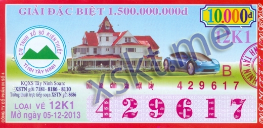 Mẫu vé sô xổ số Tây Ninh ngày 5/12/2013