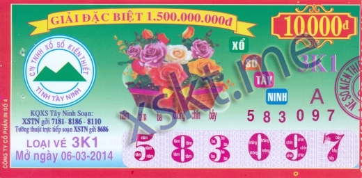 Mẫu vé sô xổ số Tây Ninh ngày 6/3/2014