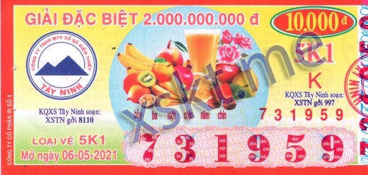 Mẫu vé sô xổ số Tây Ninh ngày 6/5/2021