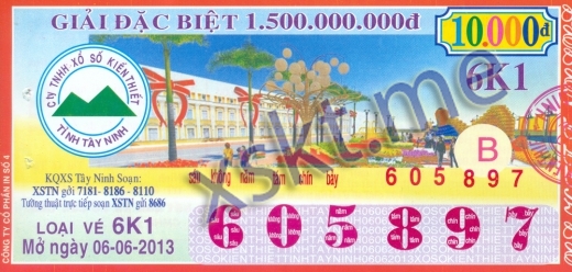 Mẫu vé sô xổ số Tây Ninh ngày 6/6/2013