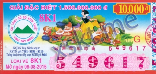 Mẫu vé sô xổ số Tây Ninh ngày 6/8/2015