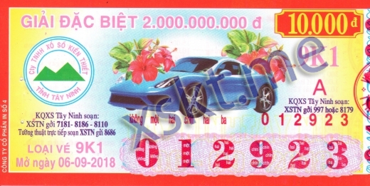 Mẫu vé sô xổ số Tây Ninh ngày 6/9/2018
