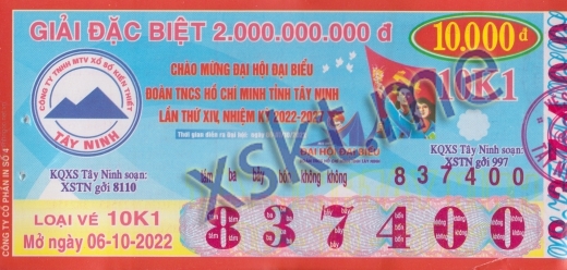 Mẫu vé sô xổ số Tây Ninh ngày 6/10/2022