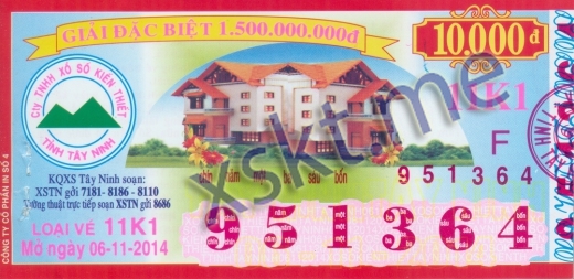 Mẫu vé sô xổ số Tây Ninh ngày 6/11/2014