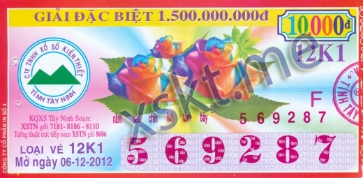 Mẫu vé sô xổ số Tây Ninh ngày 6/12/2012