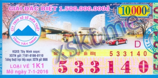 Mẫu vé sô xổ số Tây Ninh ngày 7/1/2016