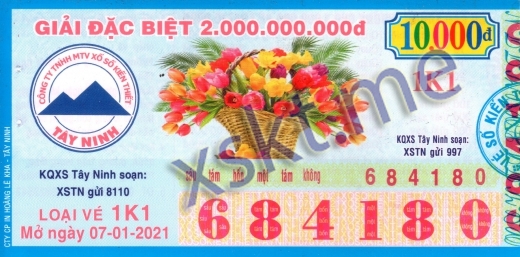 Mẫu vé sô xổ số Tây Ninh ngày 7/1/2021