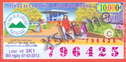 Mẫu vé sô xổ số Tây Ninh ngày 7/3/2013