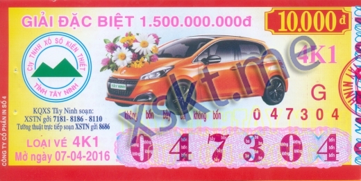 Mẫu vé sô xổ số Tây Ninh ngày 7/4/2016