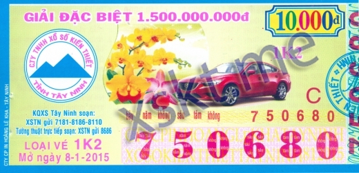 Mẫu vé sô xổ số Tây Ninh ngày 8/1/2015