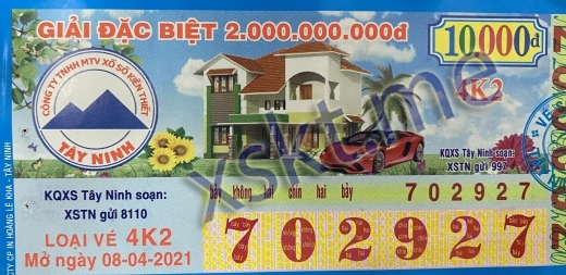Mẫu vé sô xổ số Tây Ninh ngày 8/4/2021