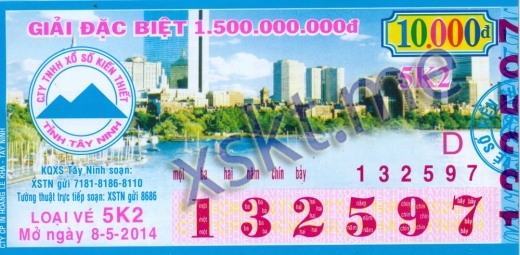 Mẫu vé sô xổ số Tây Ninh ngày 8/5/2014