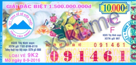 Mẫu vé sô xổ số Tây Ninh ngày 8/9/2016