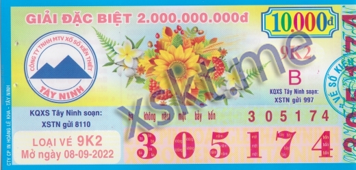 Mẫu vé sô xổ số Tây Ninh ngày 8/9/2022