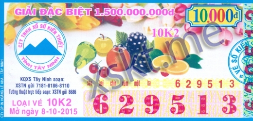 Mẫu vé sô xổ số Tây Ninh ngày 8/10/2015