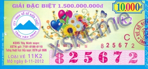 Mẫu vé sô xổ số Tây Ninh ngày 8/11/2012
