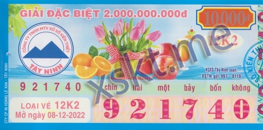 Mẫu vé sô xổ số Tây Ninh ngày 8/12/2022
