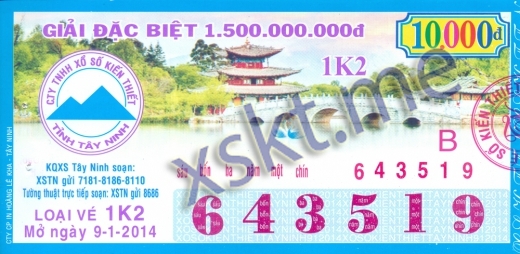 Mẫu vé sô xổ số Tây Ninh ngày 9/1/2014