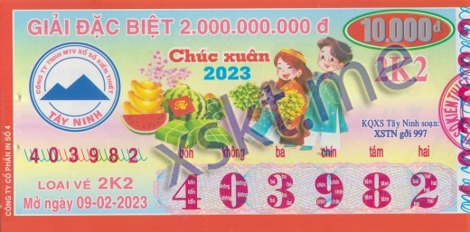 Mẫu vé sô xổ số Tây Ninh ngày 9/2/2023