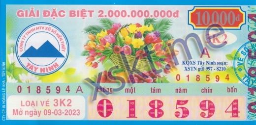 Mẫu vé sô xổ số Tây Ninh ngày 9/3/2023