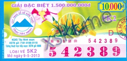 Mẫu vé sô xổ số Tây Ninh ngày 9/5/2013