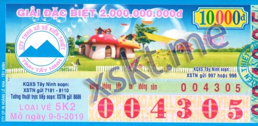 Mẫu vé sô xổ số Tây Ninh ngày 9/5/2019