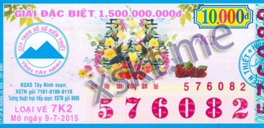 Mẫu vé sô xổ số Tây Ninh ngày 9/7/2015