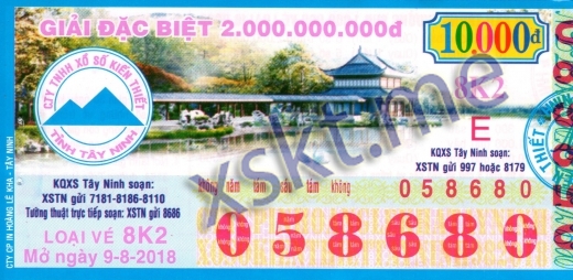 Mẫu vé sô xổ số Tây Ninh ngày 9/8/2018
