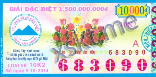 Mẫu vé sô xổ số Tây Ninh ngày 9/10/2014