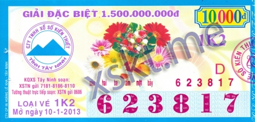 Mẫu vé sô xổ số Tây Ninh ngày 10/1/2013