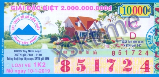 Mẫu vé sô xổ số Tây Ninh ngày 10/1/2019