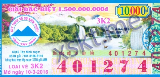 Mẫu vé sô xổ số Tây Ninh ngày 10/3/2016