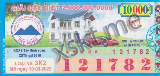 Mẫu vé sô xổ số Tây Ninh ngày 10/3/2022