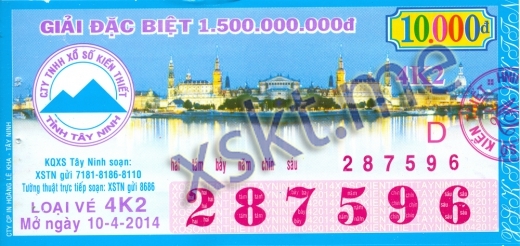 Mẫu vé sô xổ số Tây Ninh ngày 10/4/2014