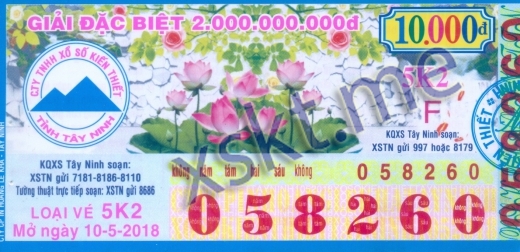 Mẫu vé sô xổ số Tây Ninh ngày 10/5/2018