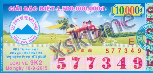 Mẫu vé sô xổ số Tây Ninh ngày 10/9/2015