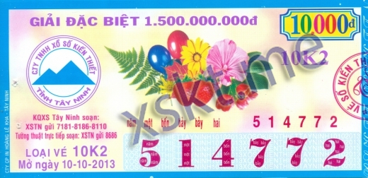 Mẫu vé sô xổ số Tây Ninh ngày 10/10/2013